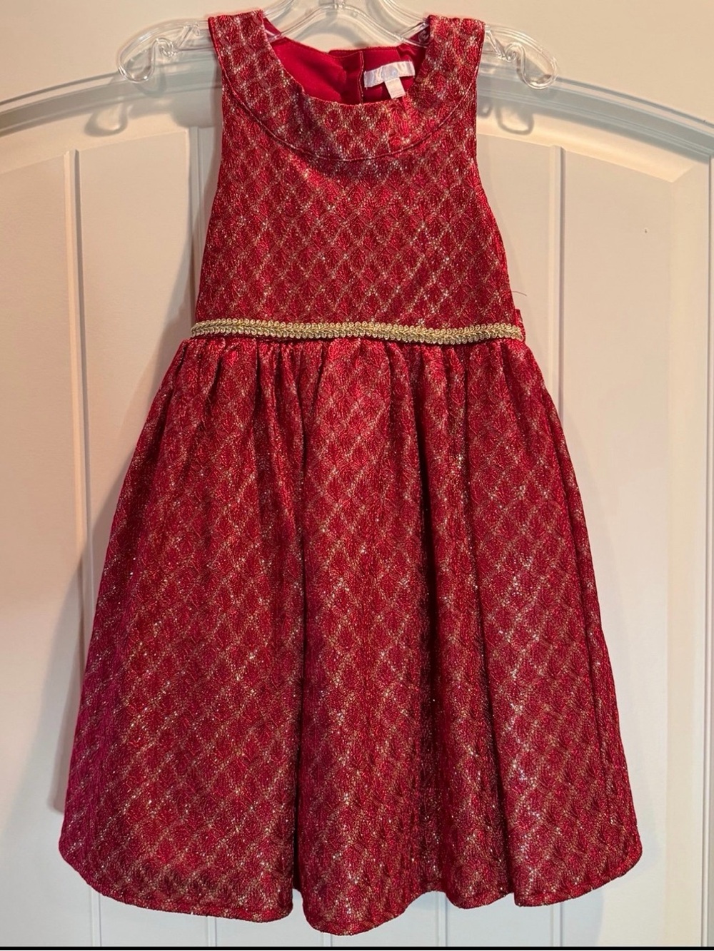 Tahari Red Sparkle Holiday Dress with Gold Waistband